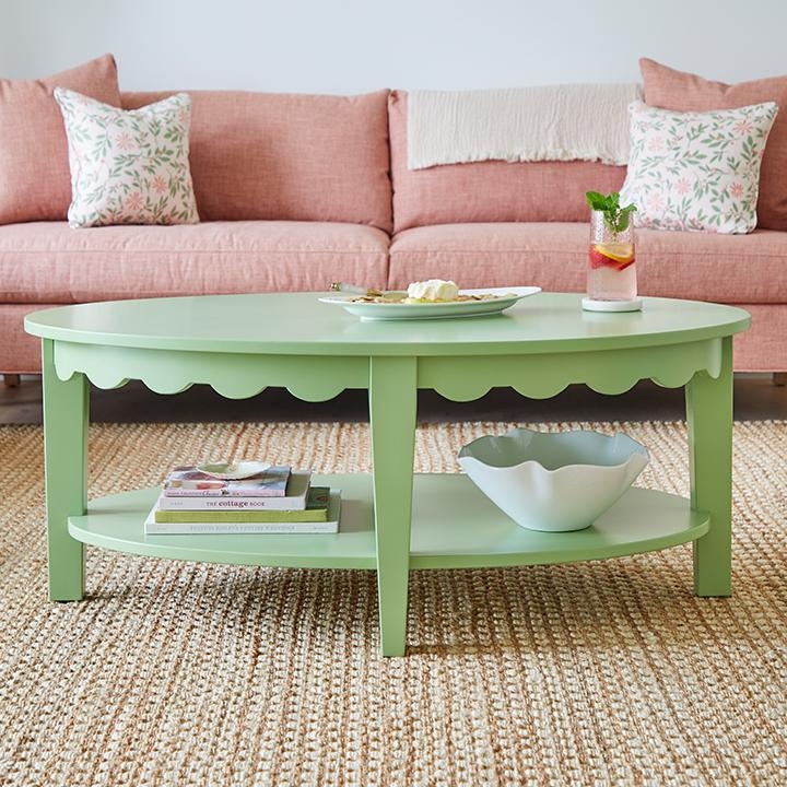 Oval Coffee Table Vibrant Yellow Scalloped Edge Painted Finish