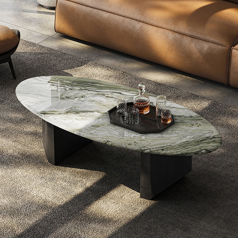 Oval Coffee Table with Fluted Pedestal Base and White Stone Top