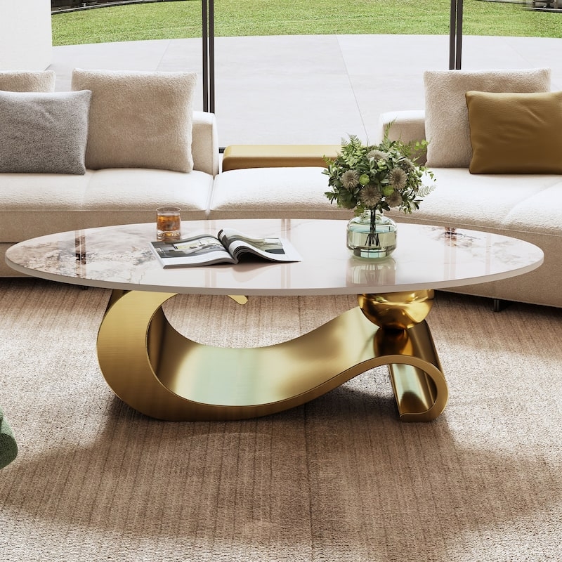 Oval Coffee Table with Polished Silver Ring Pedestal Base