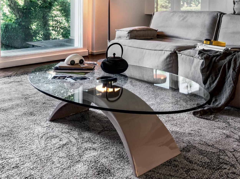 Oval Coffee Table with Sculptural Interlocking Wood Base