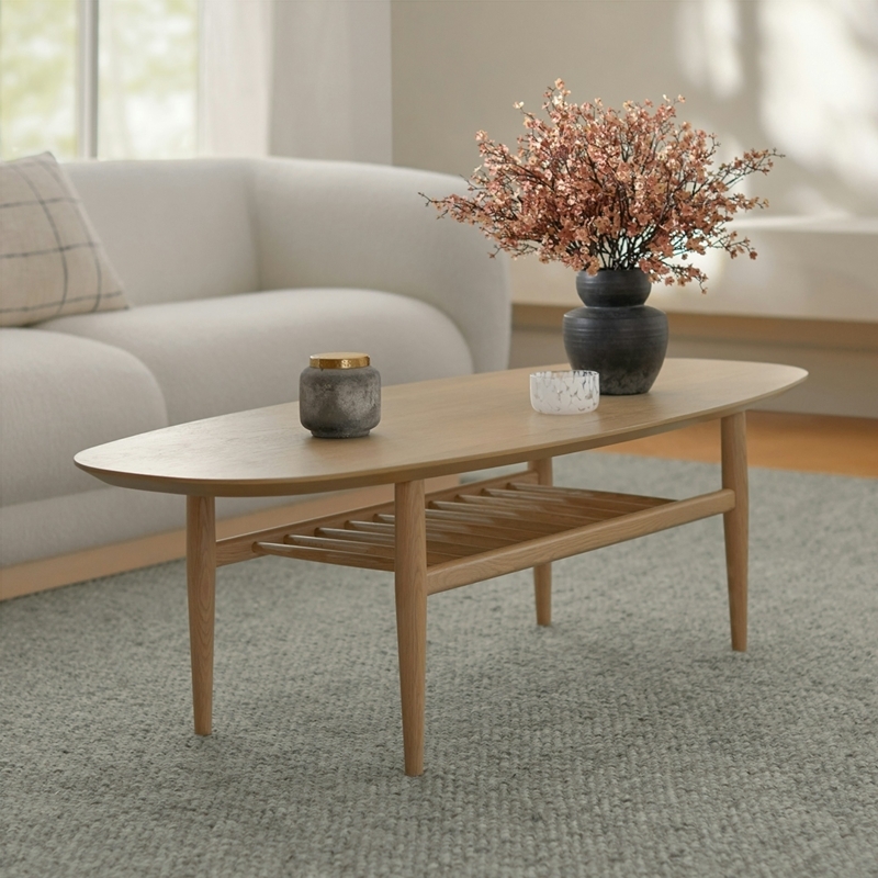 Oval Coffee Table with Slatted Lower Shelf, Blonde Oak and Scandinavian Style