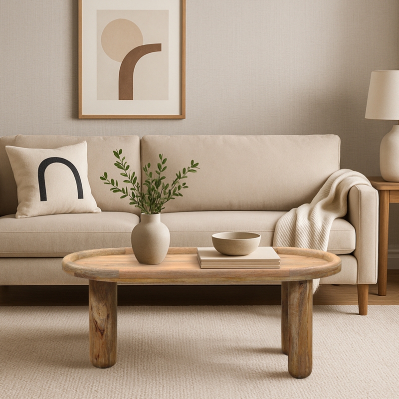 Oval Coffee Table with Tray Top Rim and Natural Wood Finish