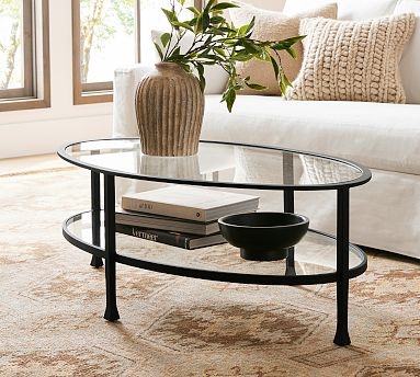 Oval Glass Coffee Table with Two-Tier Storage and Dark Frame