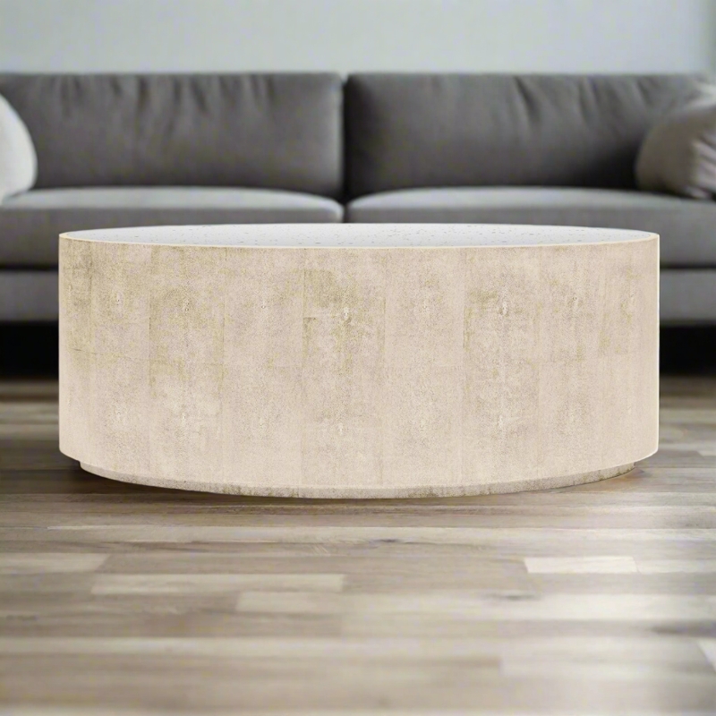Oval Ivory Faux Shagreen Coffee Table with Thick Legs