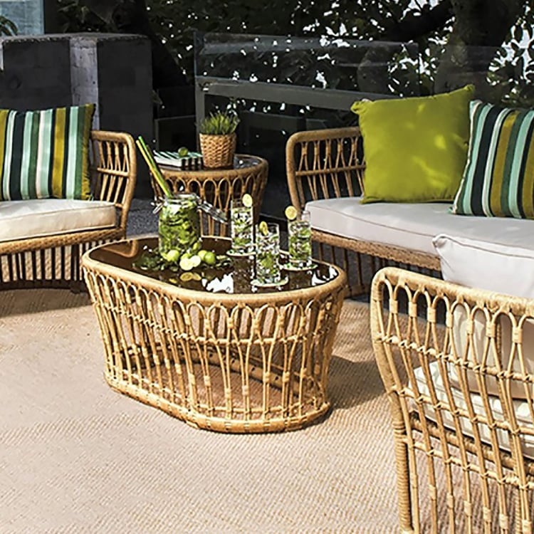 Oval Rattan Coffee Table Vertical Slats Black Glass Top