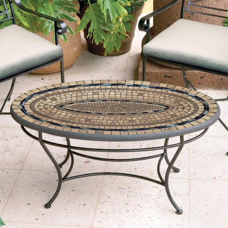 Oval Slate Mosaic Coffee Table Metal Base Rustic Industrial