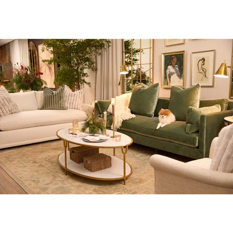 Oval Stone Top Coffee Table with Curved Metal Base