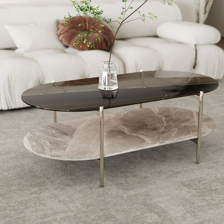 Oval Tiered Coffee Table Glass Top Slate Shelf Gold Frame Glam