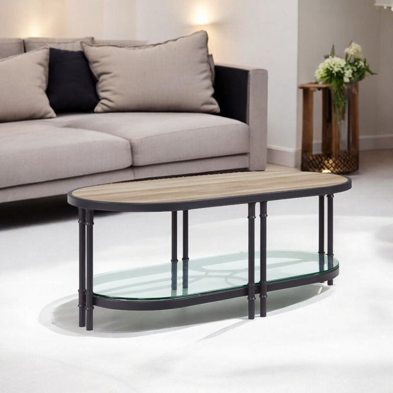 Oval Two Tier Coffee Table with Sandy Black Metal Sled Base