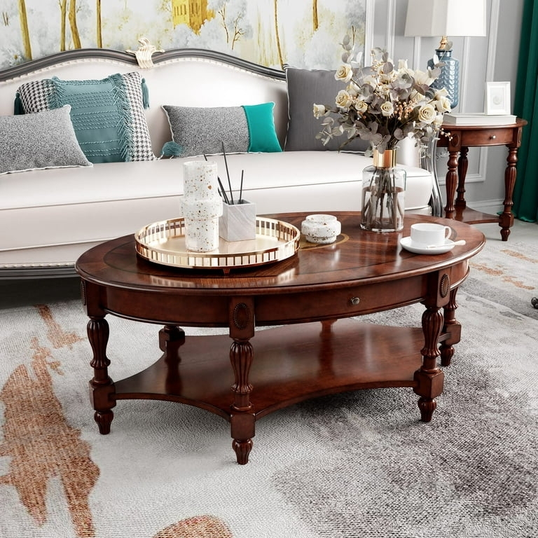 Oval Wood Coffee Table with Slatted Storage Shelf and Drawer
