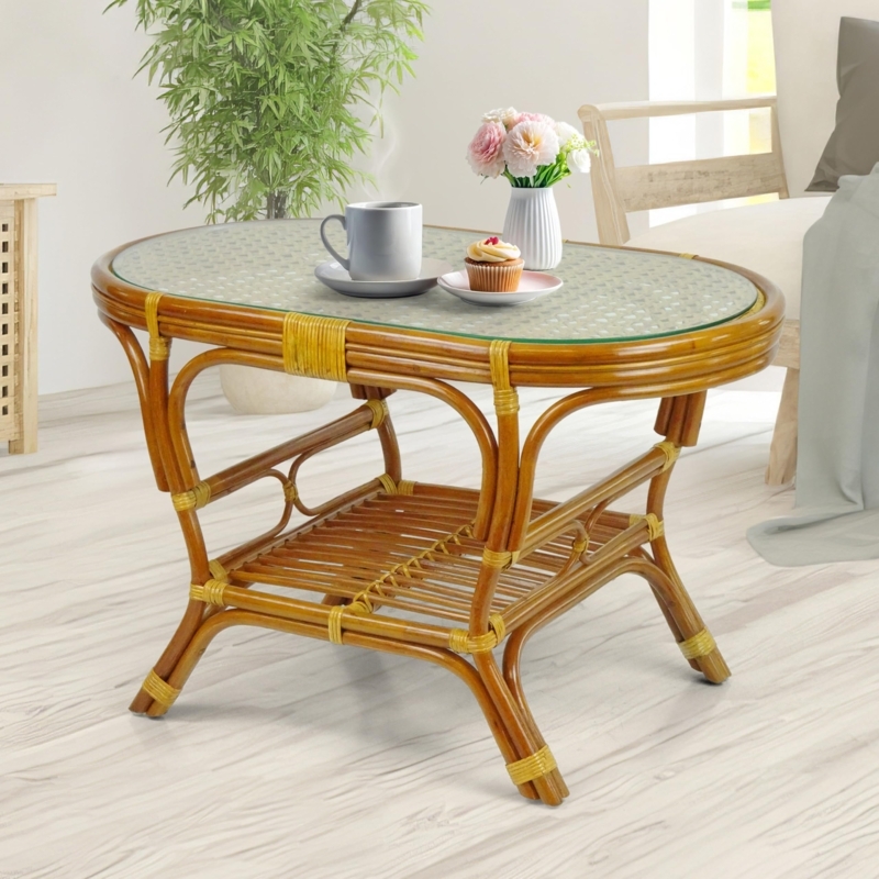 Oval Woven Wicker Coffee Table with Glass Top Insert