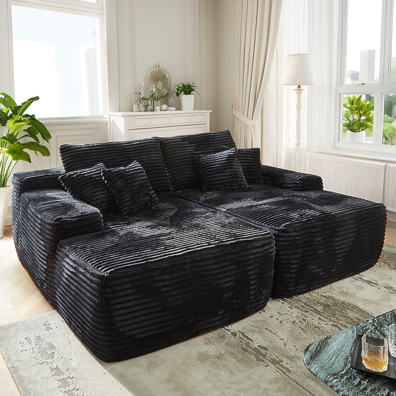 Oversized Black U-Shaped Sectional Sofa with Corduroy Texture
