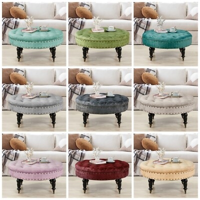Oversized Charcoal Gray Deep Tufted Round Ottoman with Casters