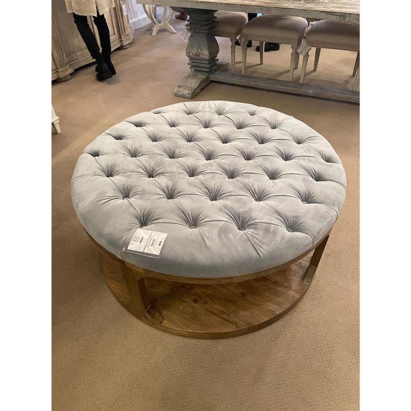 Oversized Cocktail Ottoman Grey Blue Velvet Tufted Round