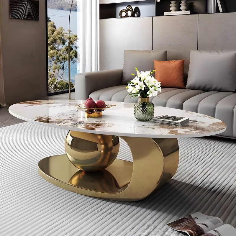 Oversized Oval Coffee Table, Geometric Silver Base, Stone-Like Top, Glam