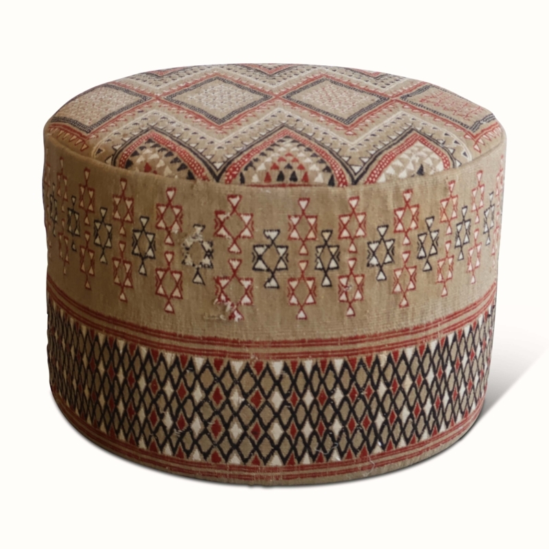 Oversized Round Ottoman Upholstered in Vintage Moroccan Rug