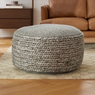 Oversized Round Pouf, Handwoven Gray Fabric, Minimalist Floor Cushion Idea
