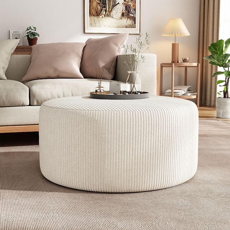 Oversized Round Pouf in Beige Wide Ribbed Corduroy Fabric