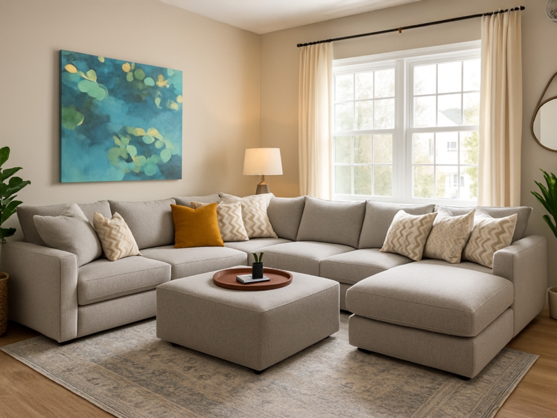 Oversized Sectional with Ottoman Track Arms Low Profile Woven Fabric