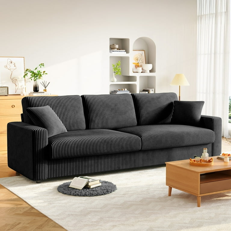 Oversized Sofa In Matte Black Corduroy With Wide Track Arms.