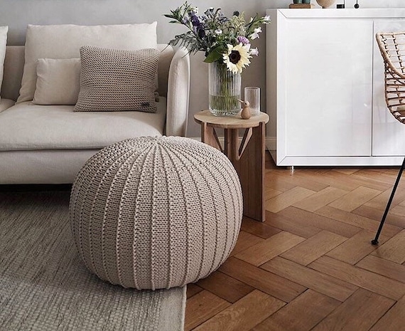Oversized Spherical Pouf Ottoman with Chunky Knit Texture