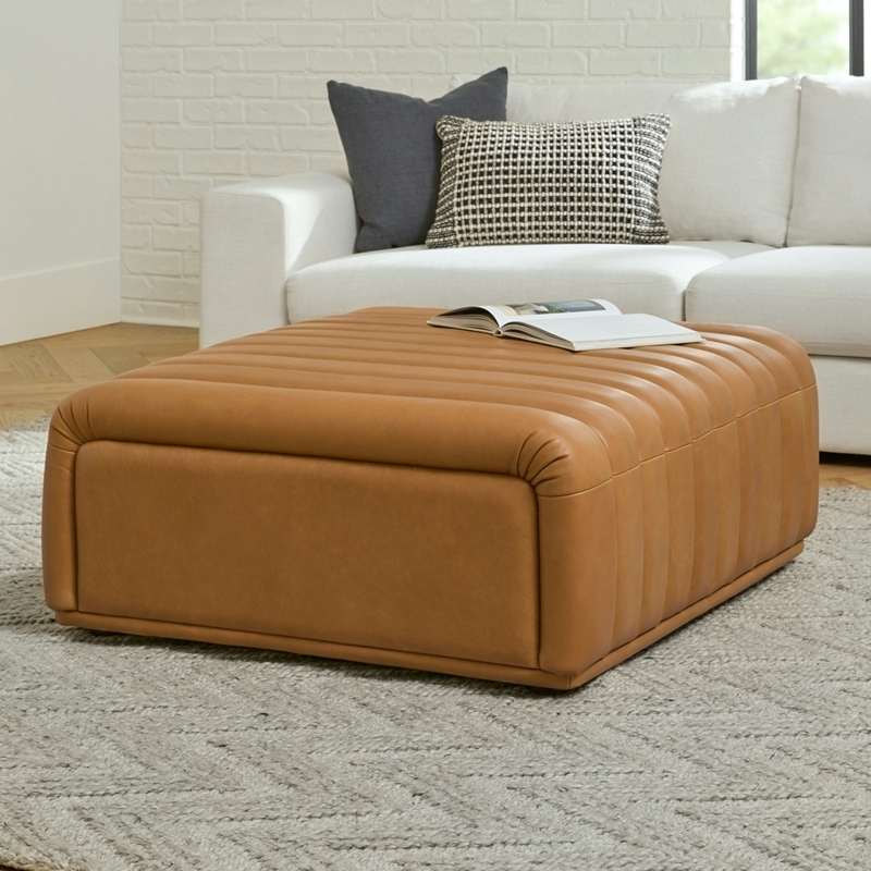 Oversized Square Ottoman Cognac Button Tufted Leather-Like