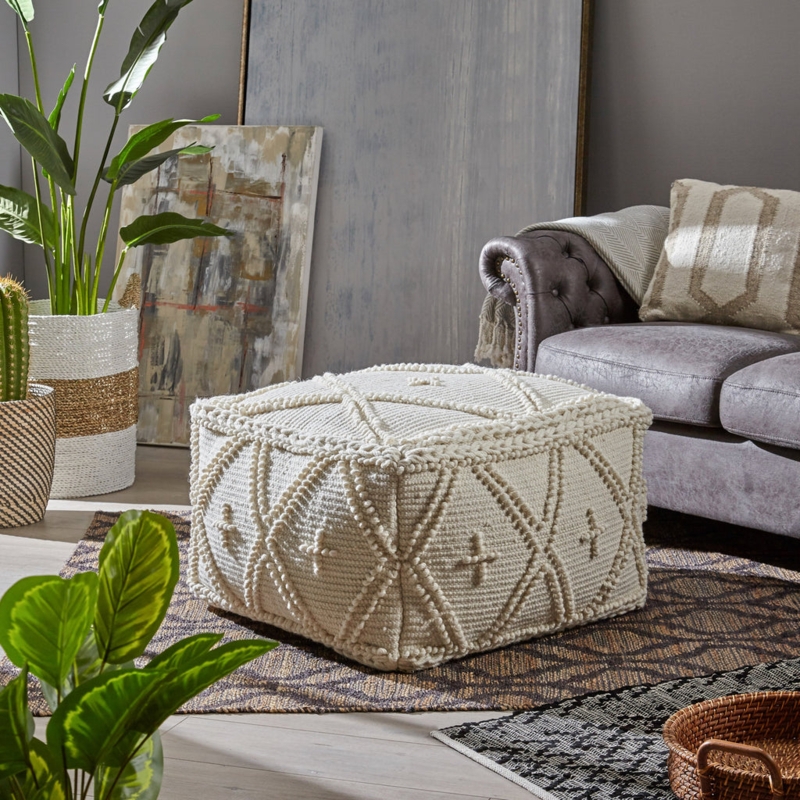 Oversized Square Pouf Ivory Cream Chunky Woven Boho Living Room