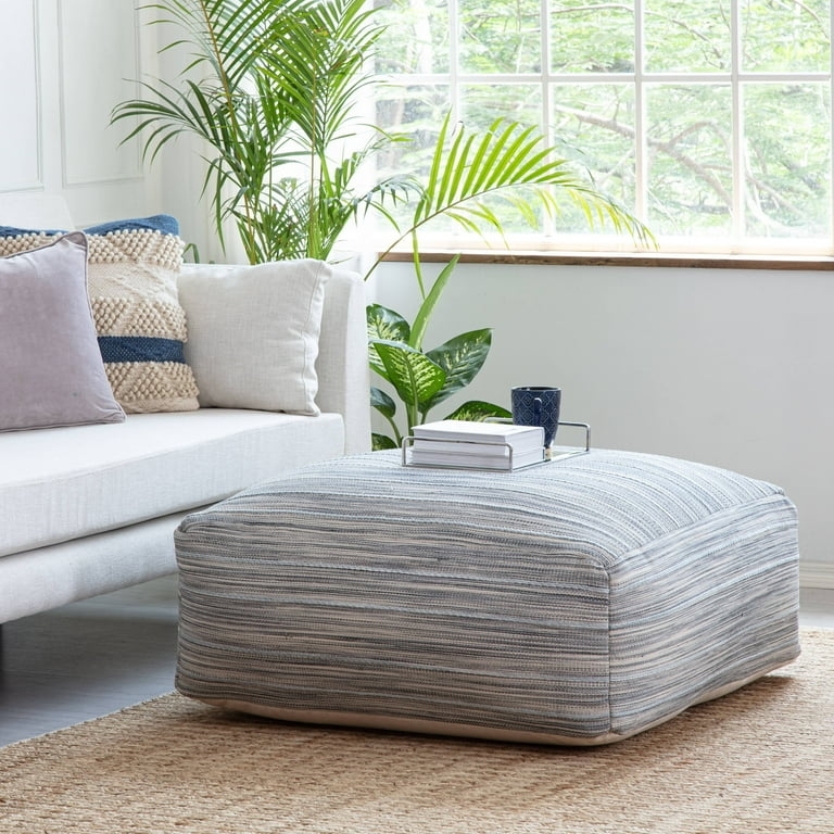 Oversized Square Pouf Ottoman, Horizontal Stripes, Ivory Chunky Knit