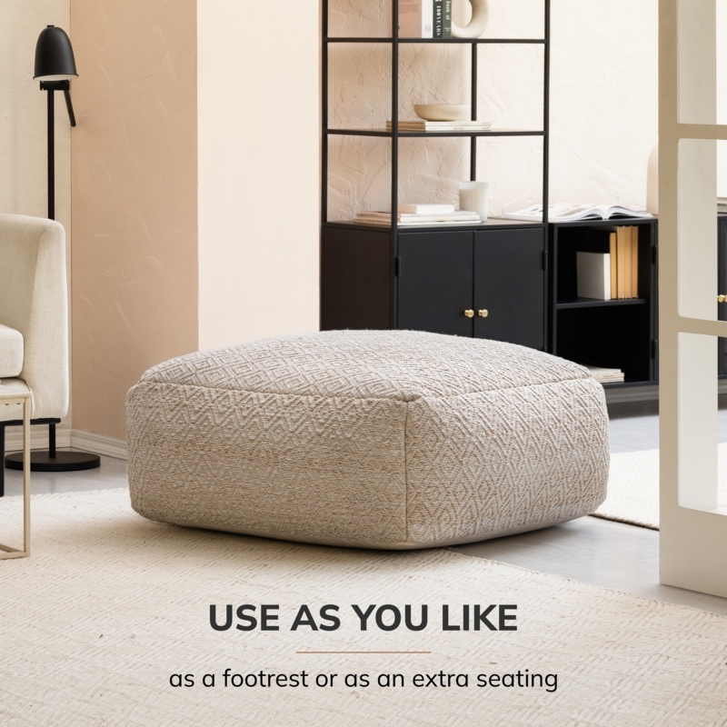 Oversized Square Pouf Ottoman with Chunky Braided Weave in Beige