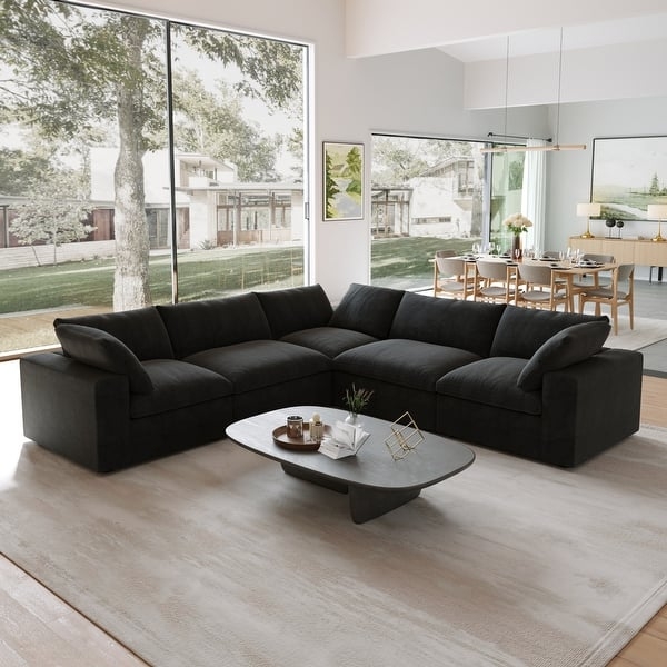 Overstuffed Black Sectional Sofa with Ottoman, Cloud Style Lounge