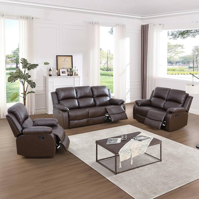 Overstuffed Brown Leather-Like Manual Reclining Living Room Set