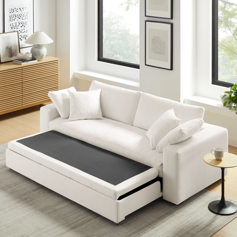 Overstuffed Sleeper Sofa Off-White Low Profile Down Filled Cloud Style
