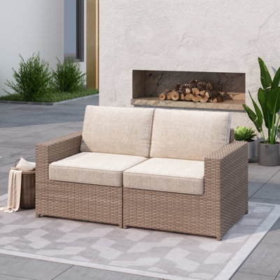 Patio Loveseat, Gray Wicker-Like Weave with Track Arms and Cushions