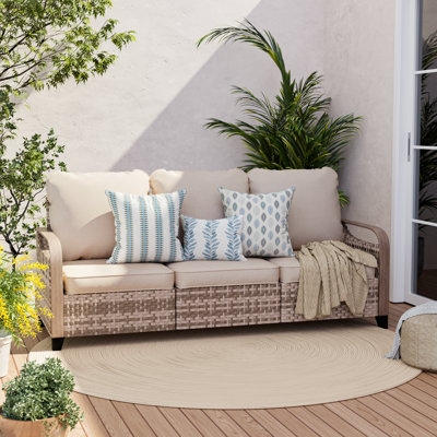 Patio Sofa Beige Wicker Three Seater with Cushions