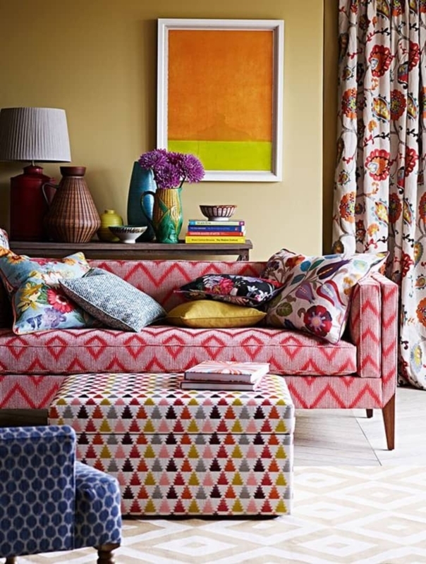 Patterned Tuxedo Sofa with Multicolored Geometric Upholstery
