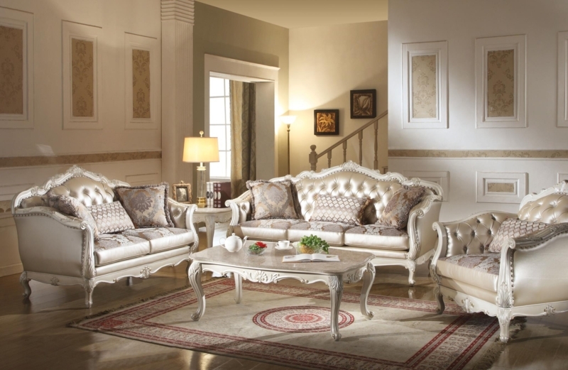 Pearl White Sofa Rose Gold Finish Ornate Carved Frame