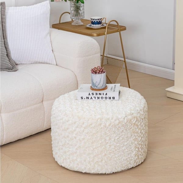 Petal Stitching Pouf Ottoman Plush Fabric Round Cream Nursery Accent