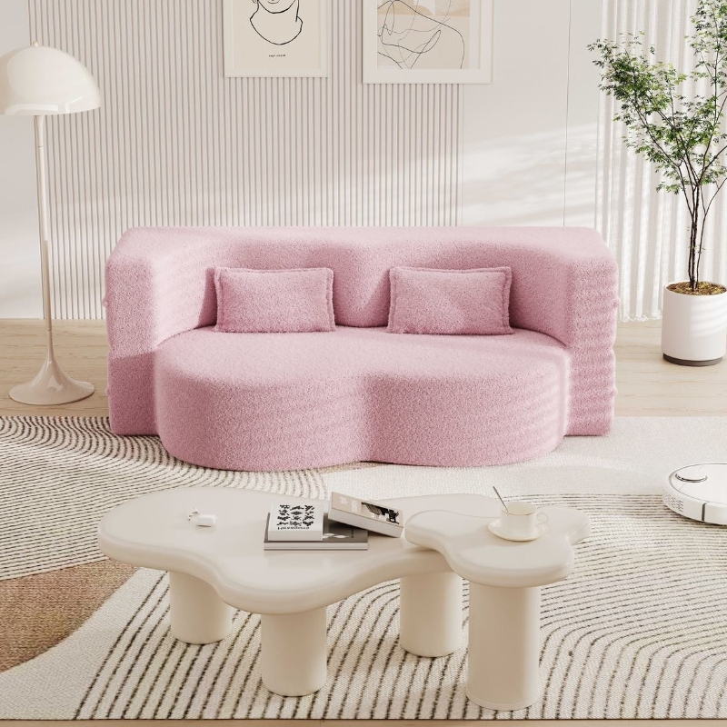 Pink Teddy Fabric Floor Sleeper Sofa with Boucle Texture