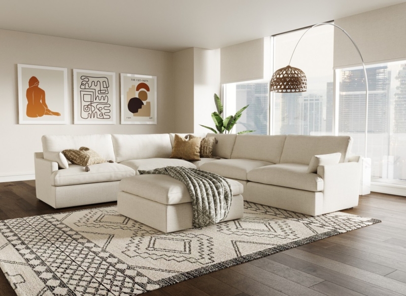 Piped Edge Sectional Sofa Linen-Like, Low Profile Linen Look Sectional.