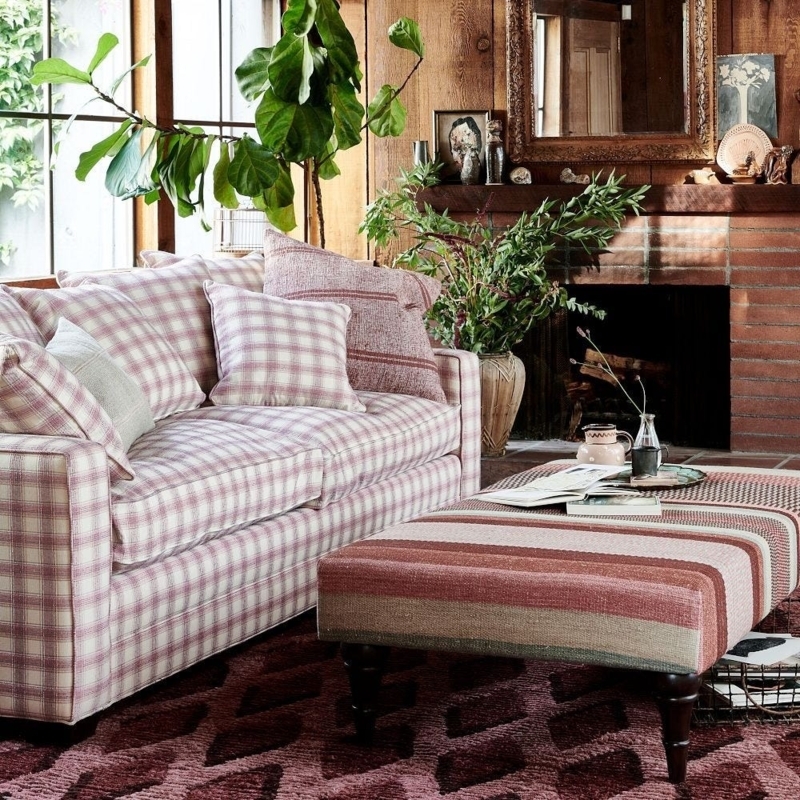 Plaid Upholstered Sofa with Roll Arms in Neo-Traditional Style