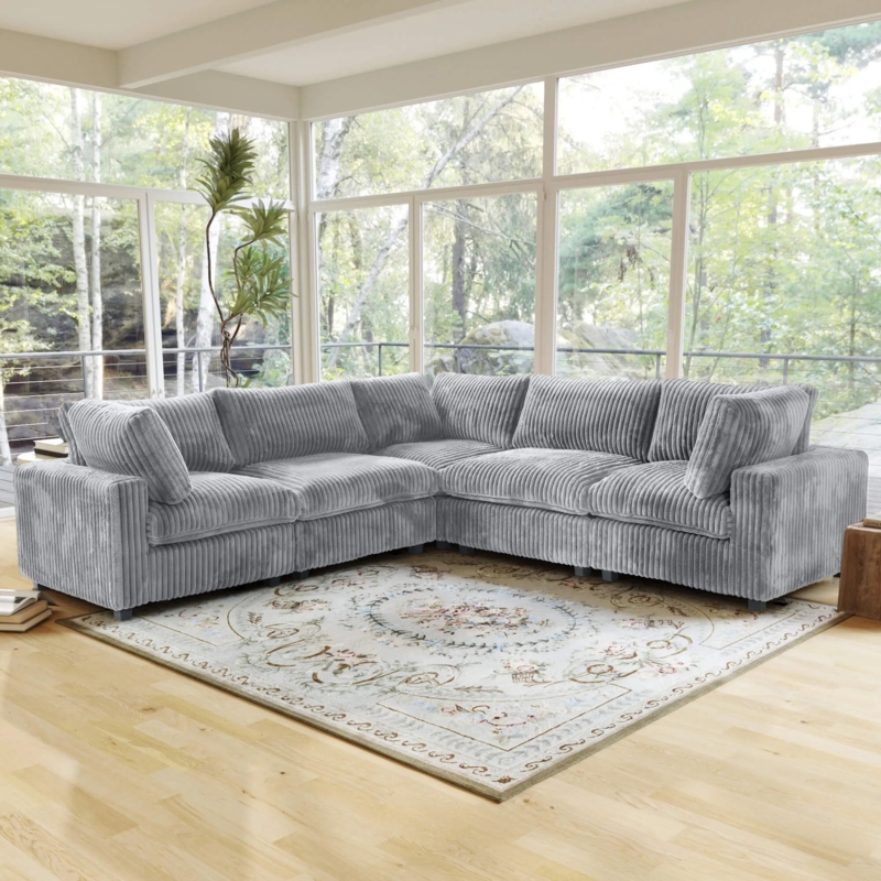 Plush Grey L-Shaped Sofa with Cloud-Like Silhouette and High-Pile Fabric