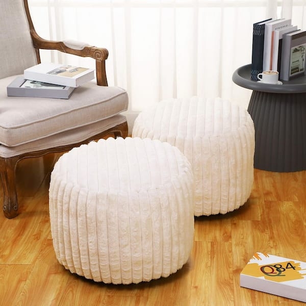 Plush Round Pouf in Beige Shaggy Faux Fur Texture