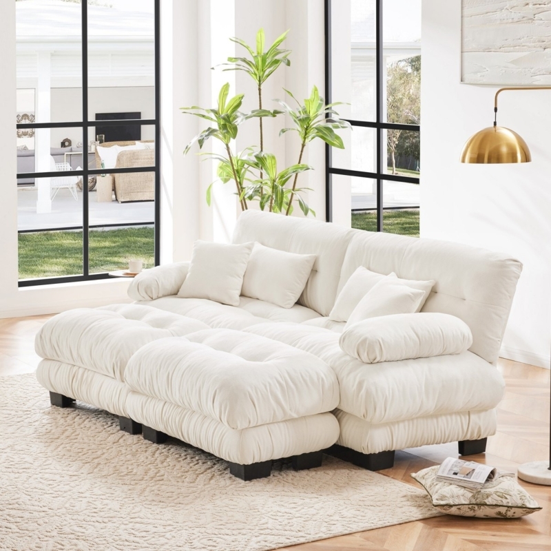 Plush Sectional Sofa Beige Chenille Low Profile Modular Matching Ottoman