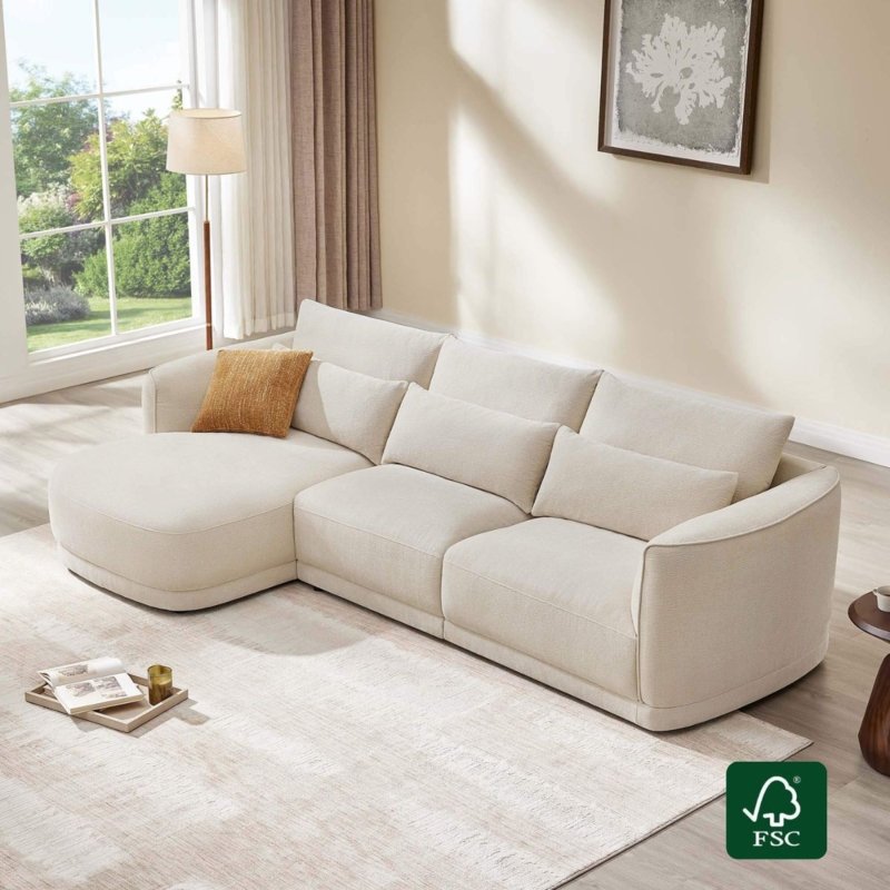 Plush Sectional Sofa in Cream Chenille Texture with Deep Chaise Lounge