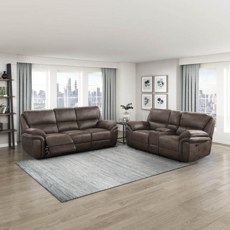 Polished Microfiber Reclining Set Dark Brown Storage Console
