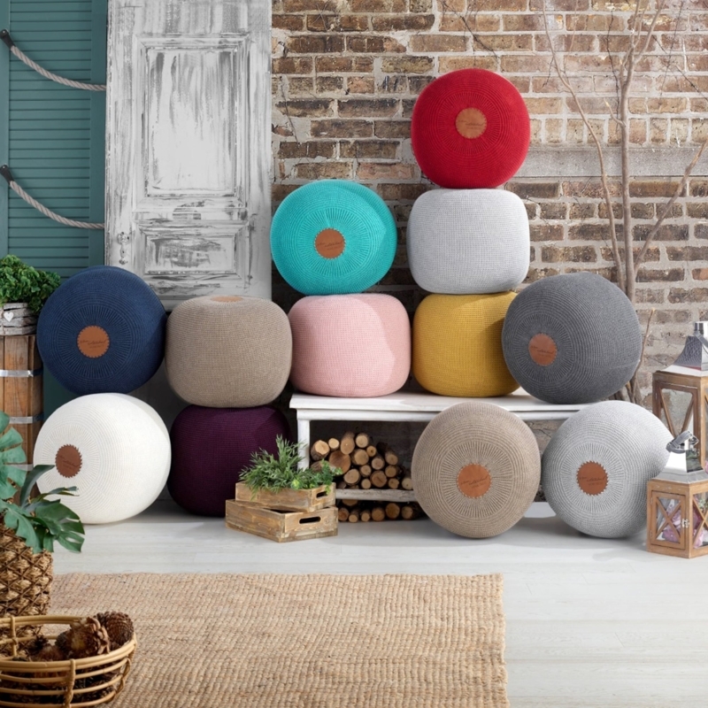 Pouf Aqua Blue Chunky Knit Cylindrical Braided Coastal Boho