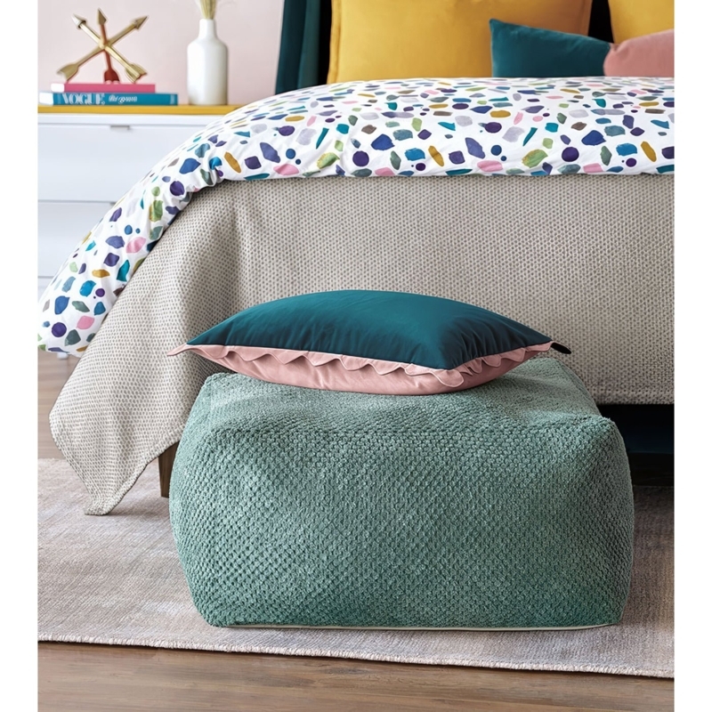 Pouf Aqua Fabric Single Button Tufting Square Modern Transitional