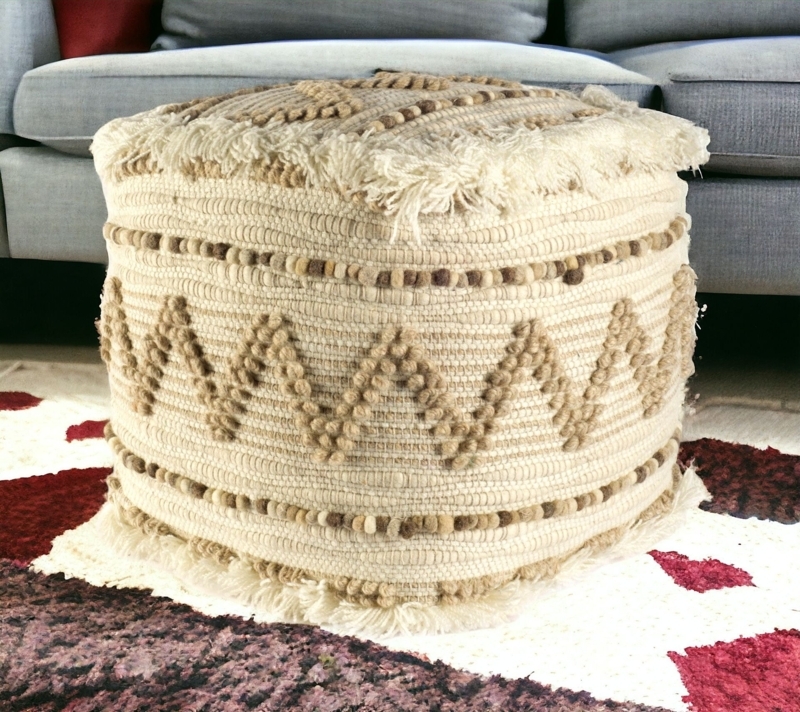 Pouf Beige Brown Popcorn Stitch Grid Square Wool Felt Bohemian Organic
