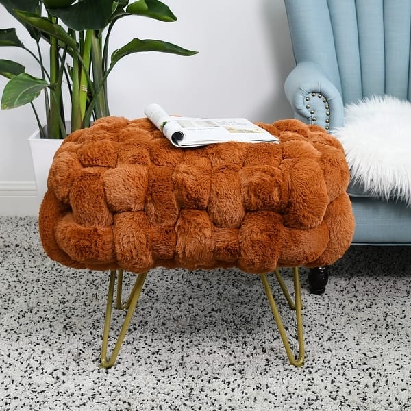 Pouf Beige Shaggy Faux Fur Rectangular Boho Chic Bench Seat