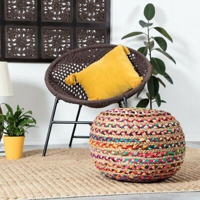 Pouf Beige White Braided Natural Fiber Round Jute Cotton Bohemian Coastal